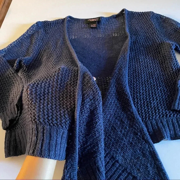 Y2K crop navy blue Open stitch knit cascade cardigan - Picture 2 of 14